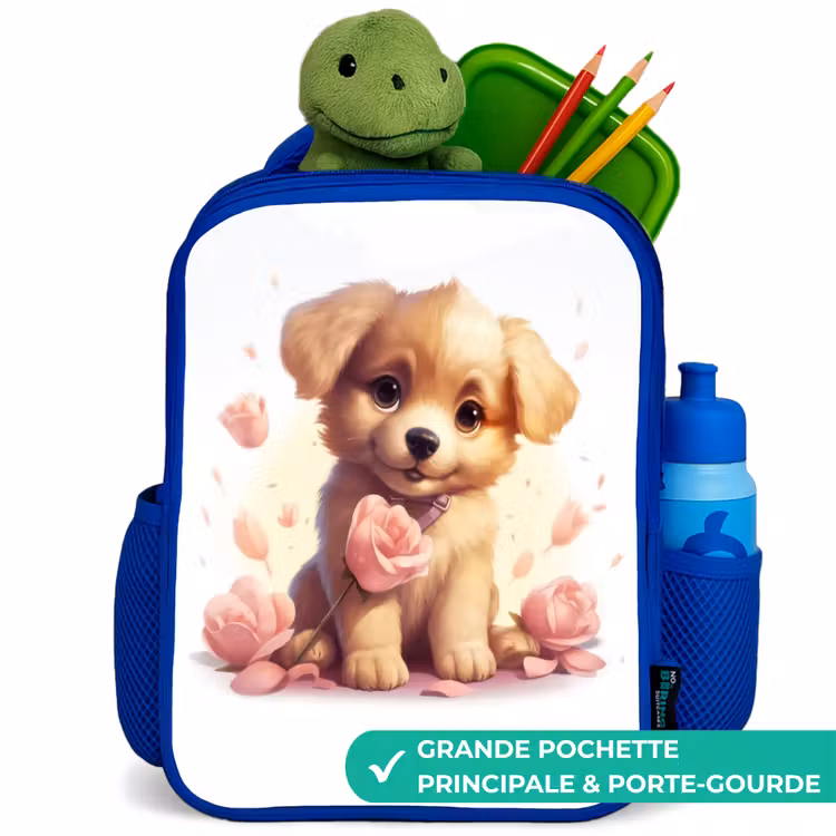 Sac à dos enfant - Bleu - Chiot avec des fleurs roses — 5