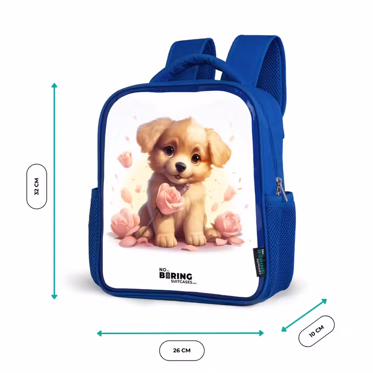 Sac à dos enfant - Bleu - Chiot avec des fleurs roses — 6