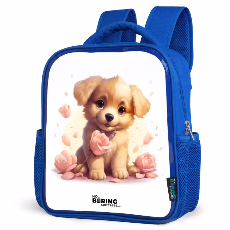 Sac à dos enfant - Bleu - Chiot avec des fleurs roses — 7