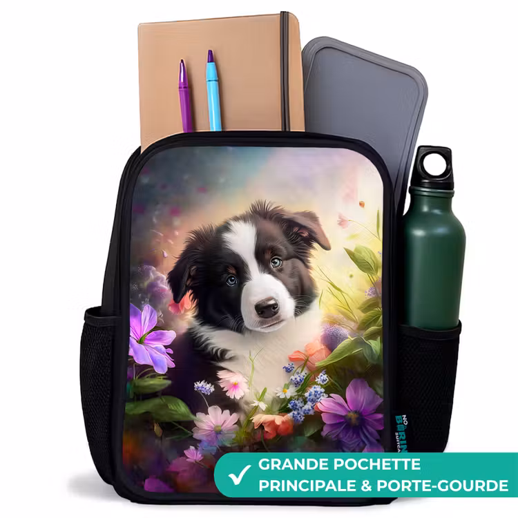 Sac à dos enfant - Noir - Chien aux yeux bleus dans un champ — 10