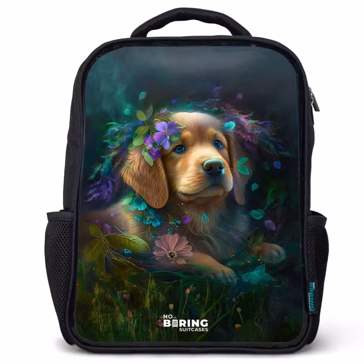 Sac à dos enfant - Noir - Chien brun parmi les fleurs — 1