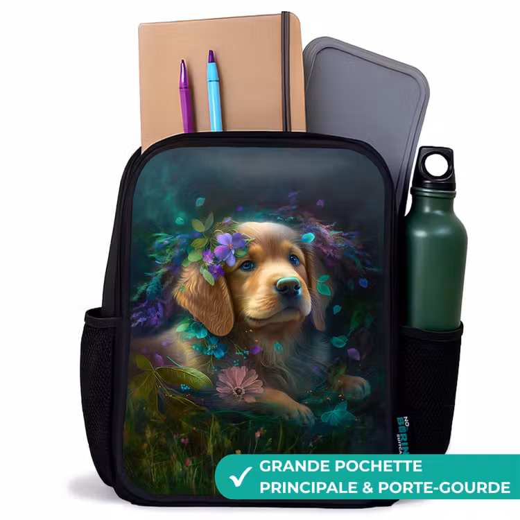 Sac à dos enfant - Noir - Chien brun parmi les fleurs — 10