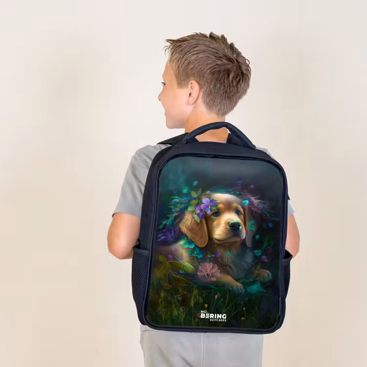 Sac à dos enfant - Noir - Chien brun parmi les fleurs — 2