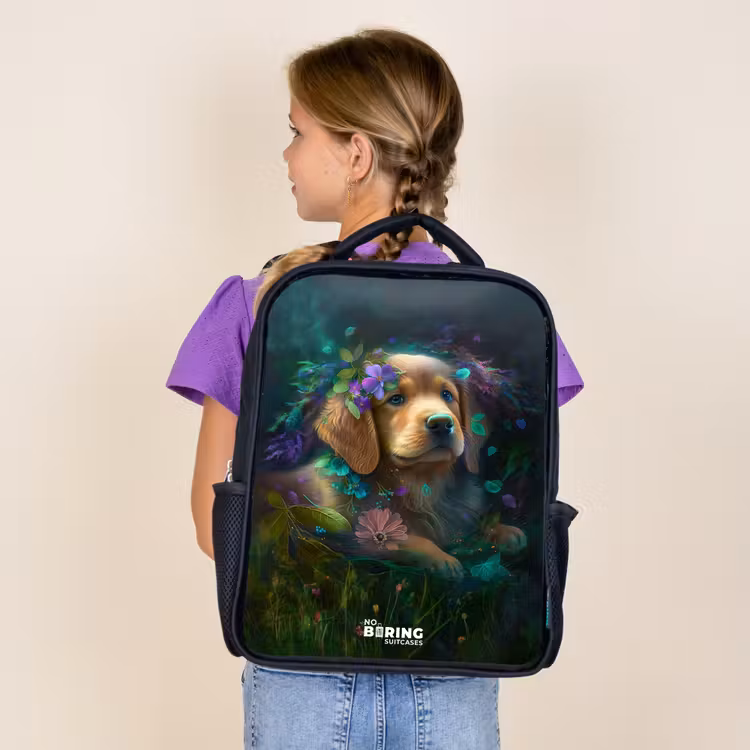 Sac à dos enfant - Noir - Chien brun parmi les fleurs — 4