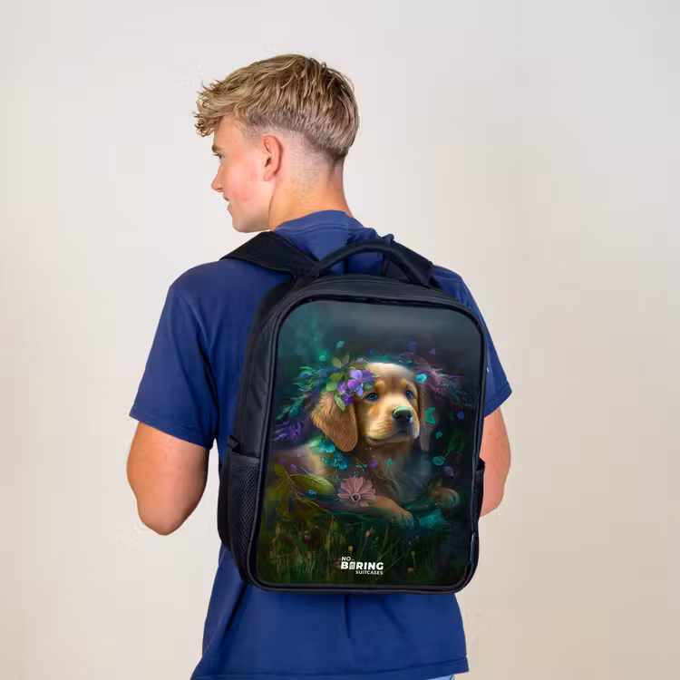 Sac à dos enfant - Noir - Chien brun parmi les fleurs — 5