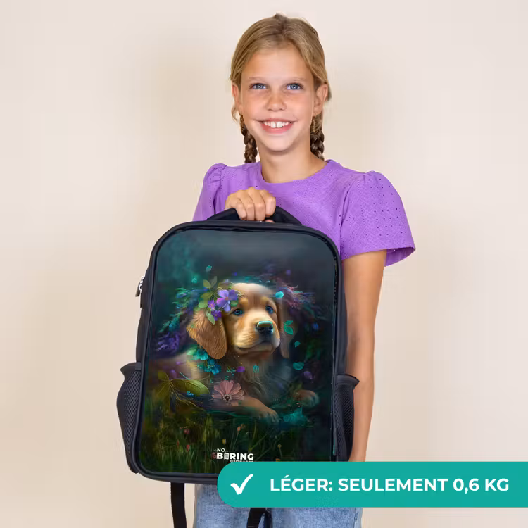 Sac à dos enfant - Noir - Chien brun parmi les fleurs — 9
