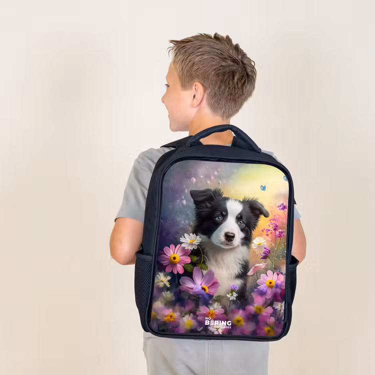 Sac à dos enfant - Noir - chiot noir et blanc parmi des fleurs colorées — 2