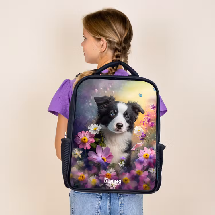 Sac à dos enfant - Noir - chiot noir et blanc parmi des fleurs colorées — 4