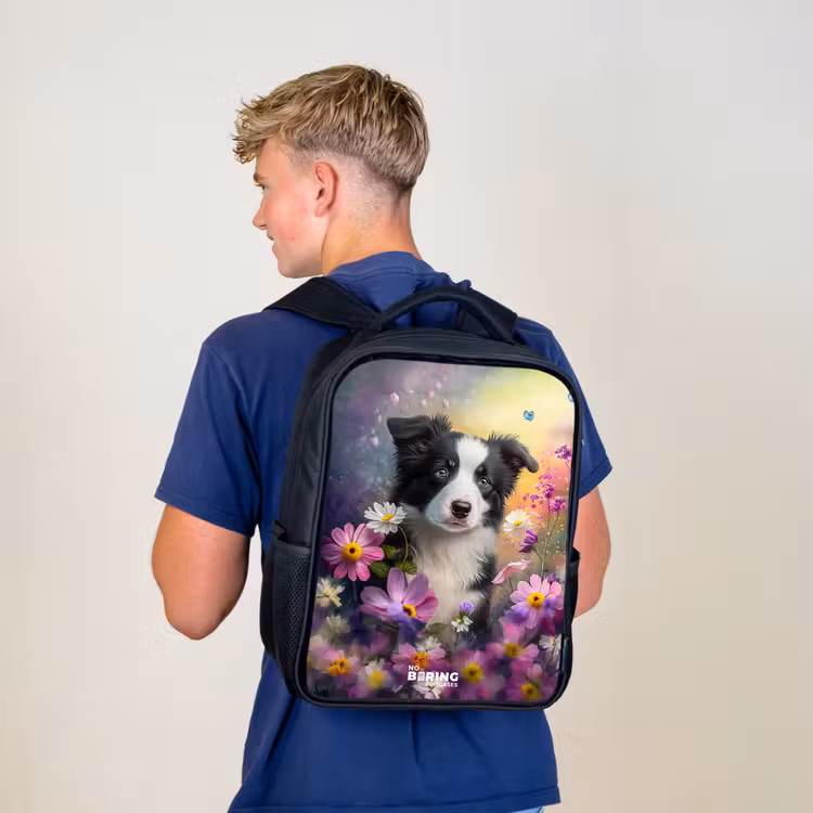 Sac à dos enfant - Noir - chiot noir et blanc parmi des fleurs colorées — 5