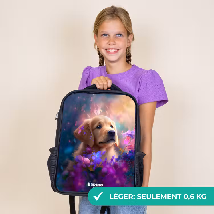 Sac à dos enfant - Noir - Jeune chien parmi des fleurs aux couleurs vives — 9