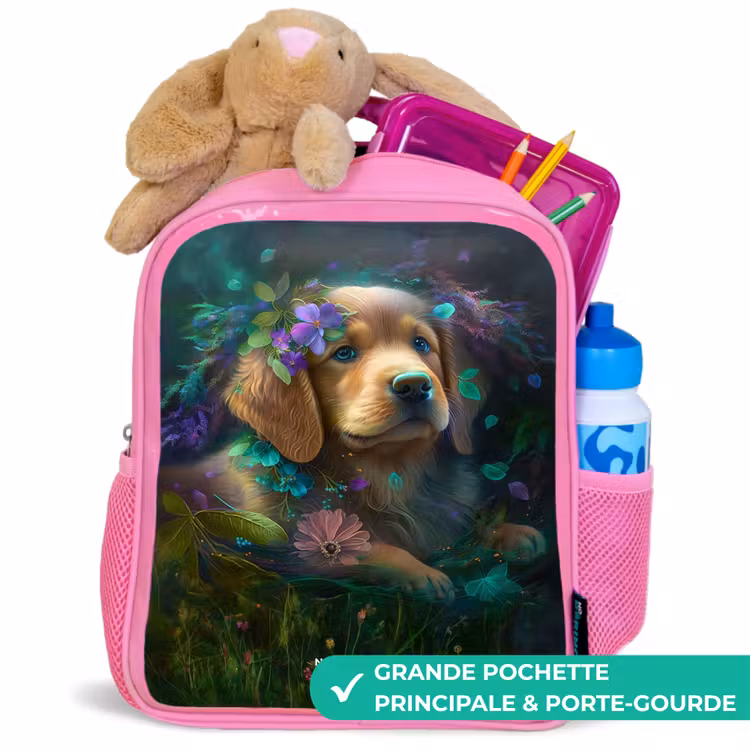 Enfant sac à dos - Rose - Chien brun parmi les fleurs — 2