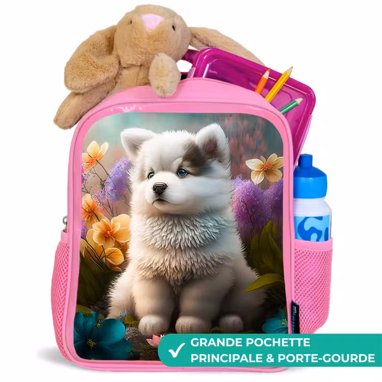 Enfant sac à dos - Rose - Chiot blanc dans un pré fleuri — 2
