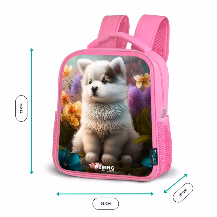 Enfant sac à dos - Rose - Chiot blanc dans un pré fleuri — 3