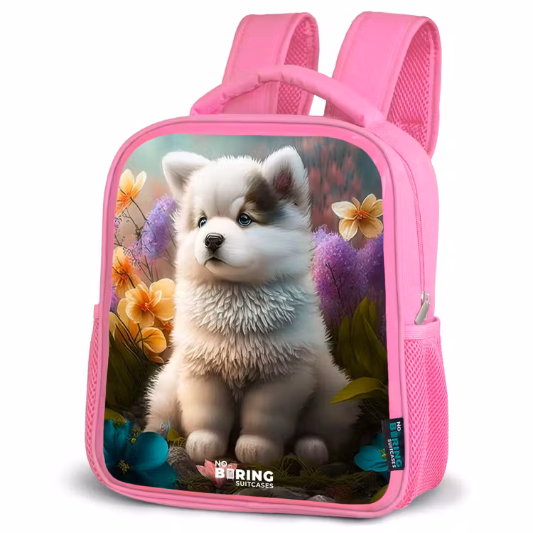 Enfant sac à dos - Rose - Chiot blanc dans un pré fleuri — 4