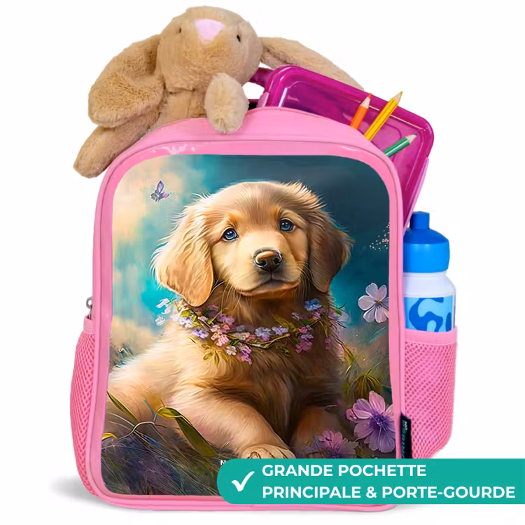 Enfant sac à dos - Rose - Chiot doré dans l'herbe — 2