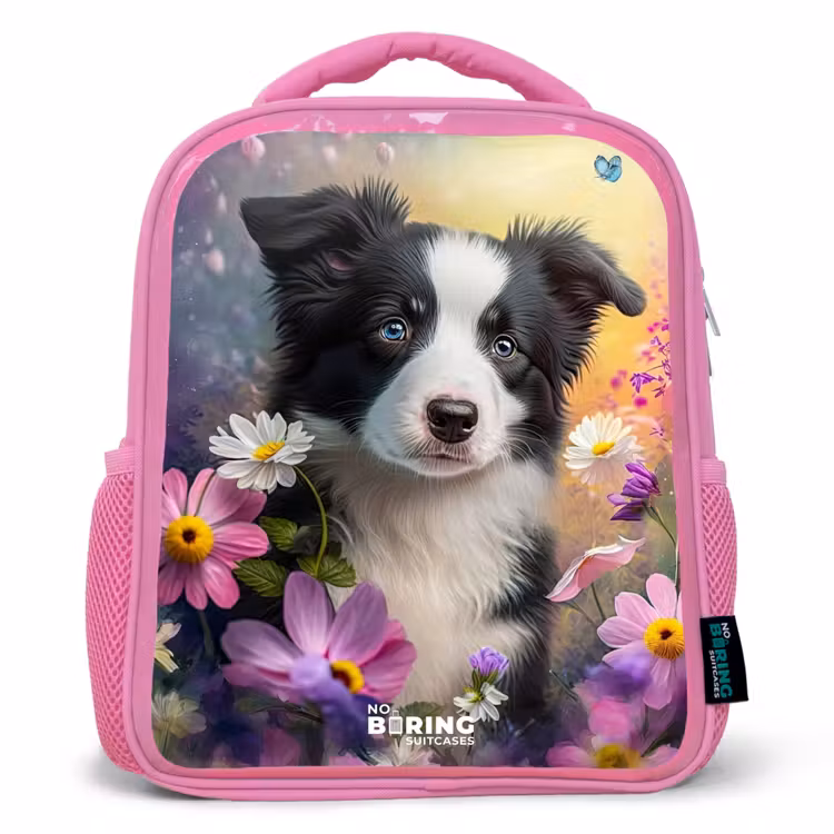 Enfant sac à dos - Rose - chiot noir et blanc parmi des fleurs colorées — 1