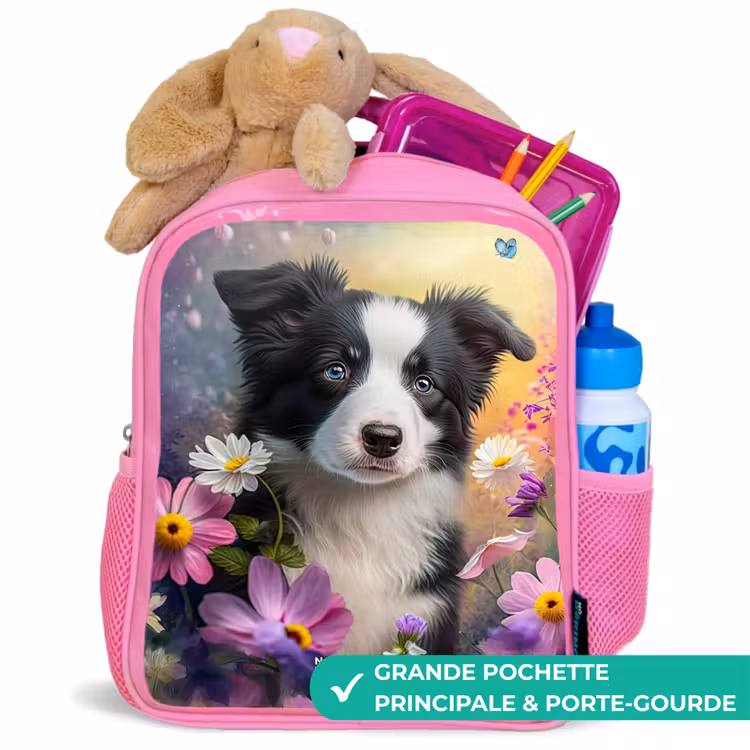 Enfant sac à dos - Rose - chiot noir et blanc parmi des fleurs colorées — 2