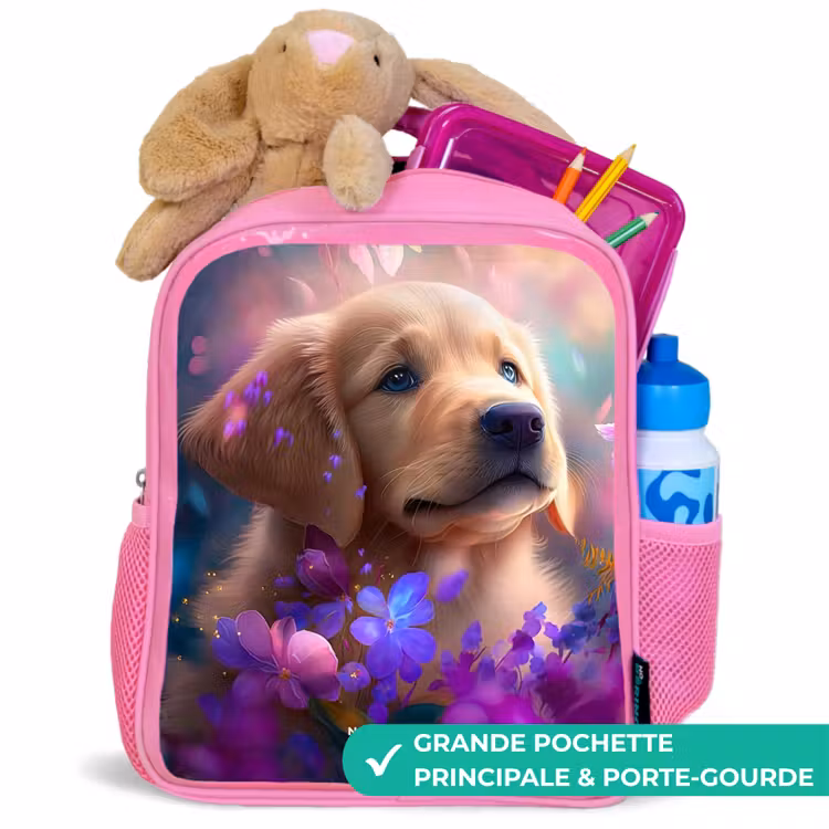 Enfant sac à dos - Rose - Jeune chien parmi des fleurs aux couleurs vives — 2