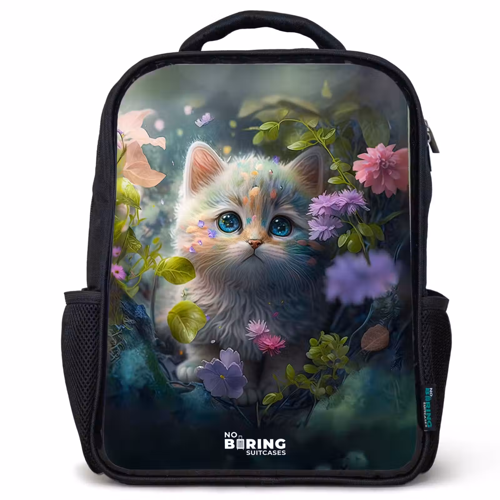 Sac à dos enfant - Noir - Chaton se cachant derrière des fleurs — 1