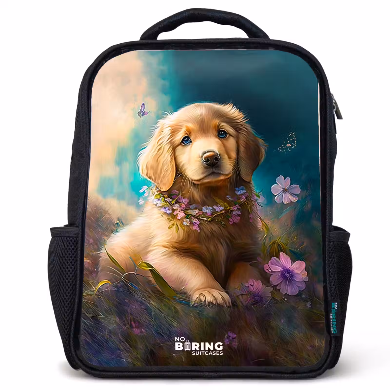 Sac à dos enfant - Noir - Chiot doré dans l'herbe — 1