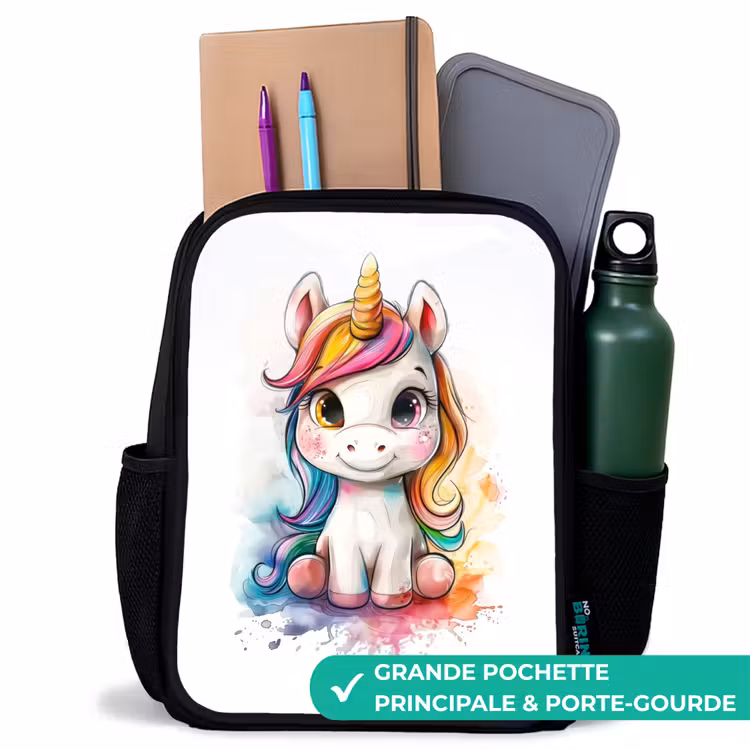Sac à dos enfant - Noir - Cervin blanc avec crinière colorée et éclaboussures de peinture — 10