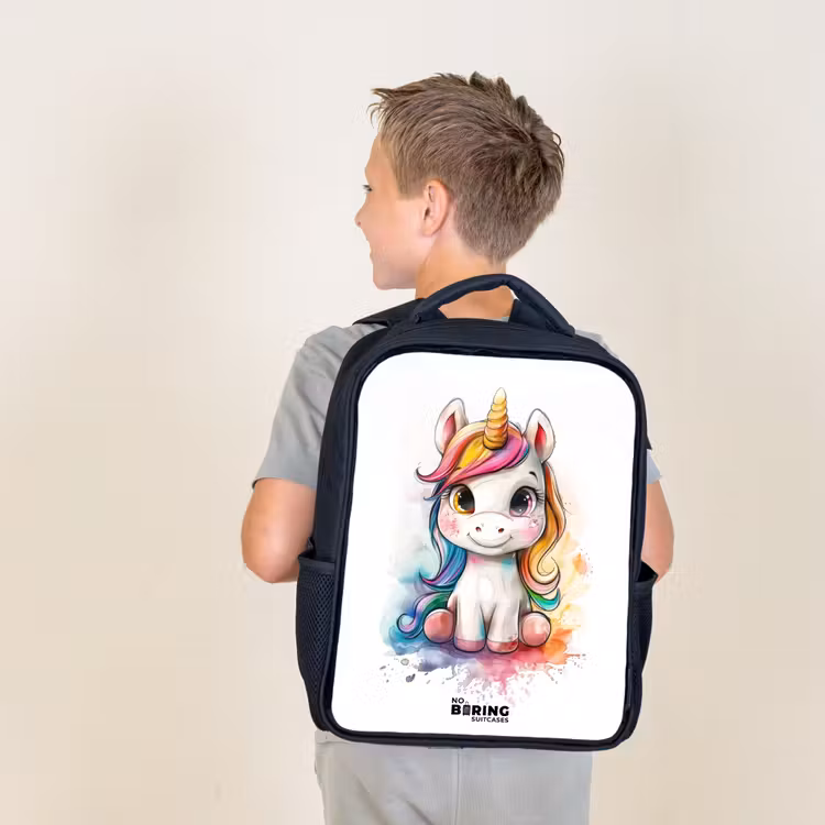 Sac à dos enfant - Noir - Cervin blanc avec crinière colorée et éclaboussures de peinture — 2
