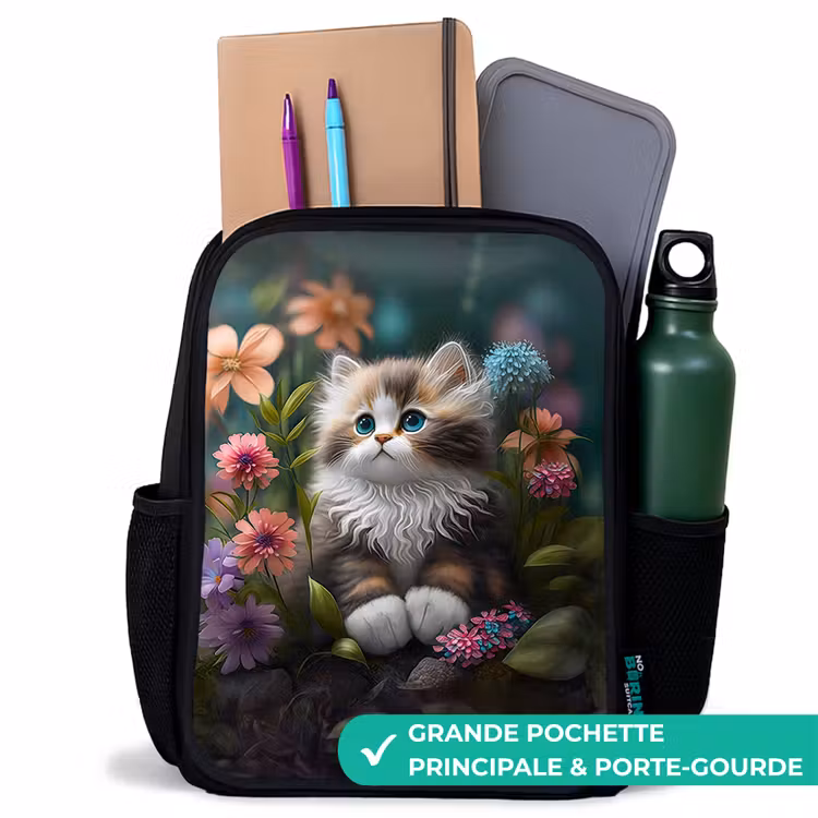 Sac à dos enfant - Noir - Chaton parmi les fleurs — 10