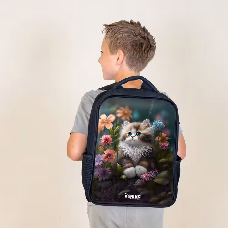 Sac à dos enfant - Noir - Chaton parmi les fleurs — 2