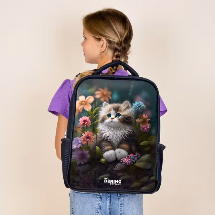 Sac à dos enfant - Noir - Chaton parmi les fleurs — 4
