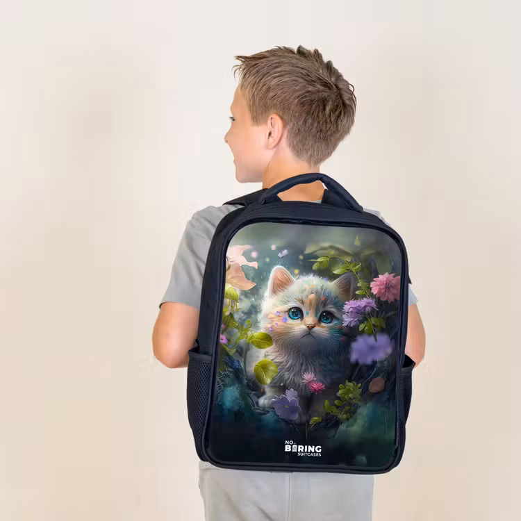 Sac à dos enfant - Noir - Chaton se cachant derrière des fleurs — 2