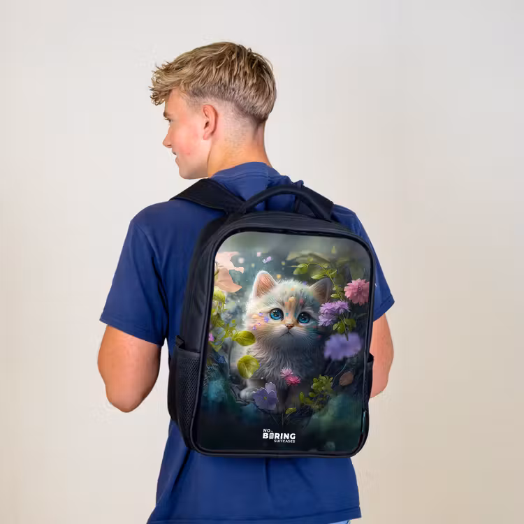 Sac à dos enfant - Noir - Chaton se cachant derrière des fleurs — 5