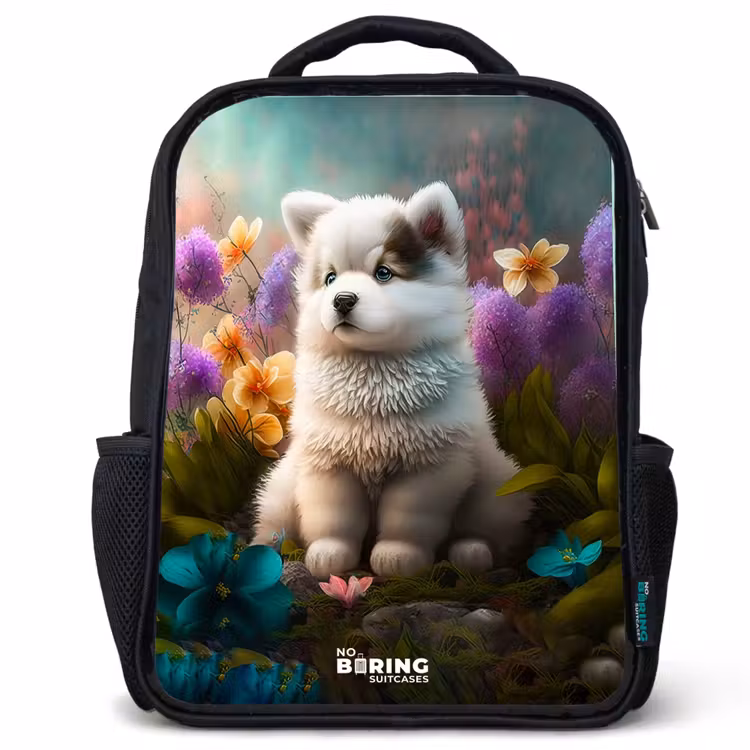Sac à dos enfant - Noir - Chiot blanc dans un pré fleuri — 1