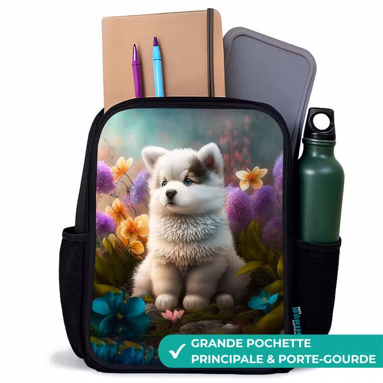 Sac à dos enfant - Noir - Chiot blanc dans un pré fleuri — 10