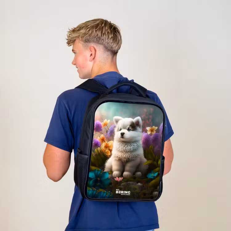 Sac à dos enfant - Noir - Chiot blanc dans un pré fleuri — 5