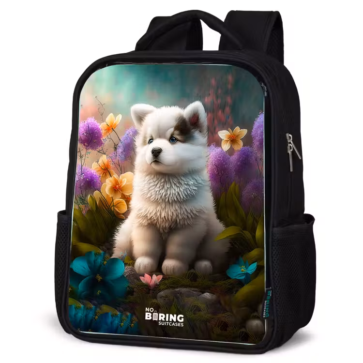 Sac à dos enfant - Noir - Chiot blanc dans un pré fleuri — 6