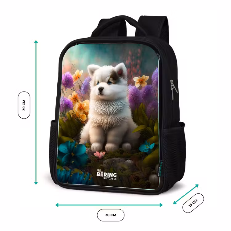 Sac à dos enfant - Noir - Chiot blanc dans un pré fleuri — 8