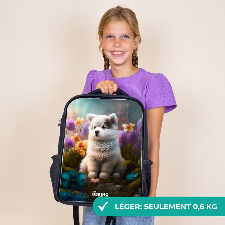Sac à dos enfant - Noir - Chiot blanc dans un pré fleuri — 9