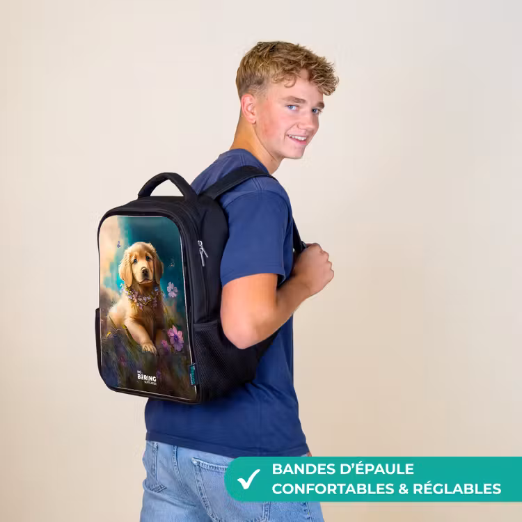 Sac à dos enfant - Noir - Chiot doré dans l'herbe — 11