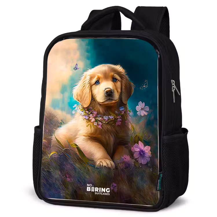 Sac à dos enfant - Noir - Chiot doré dans l'herbe — 6