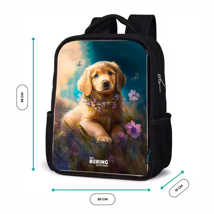 Sac à dos enfant - Noir - Chiot doré dans l'herbe — 8