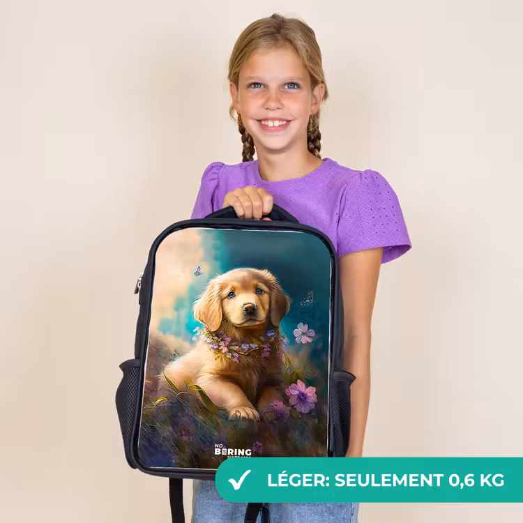 Sac à dos enfant - Noir - Chiot doré dans l'herbe — 9