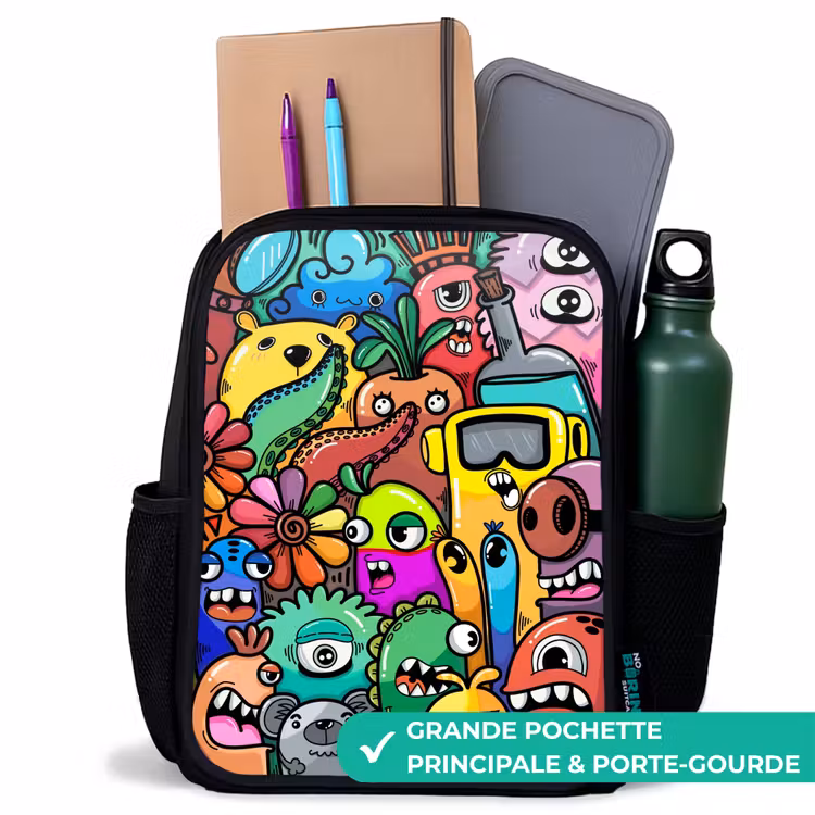 Sac à dos enfant - Noir - Motif expressif et chargé avec des monstres — 10