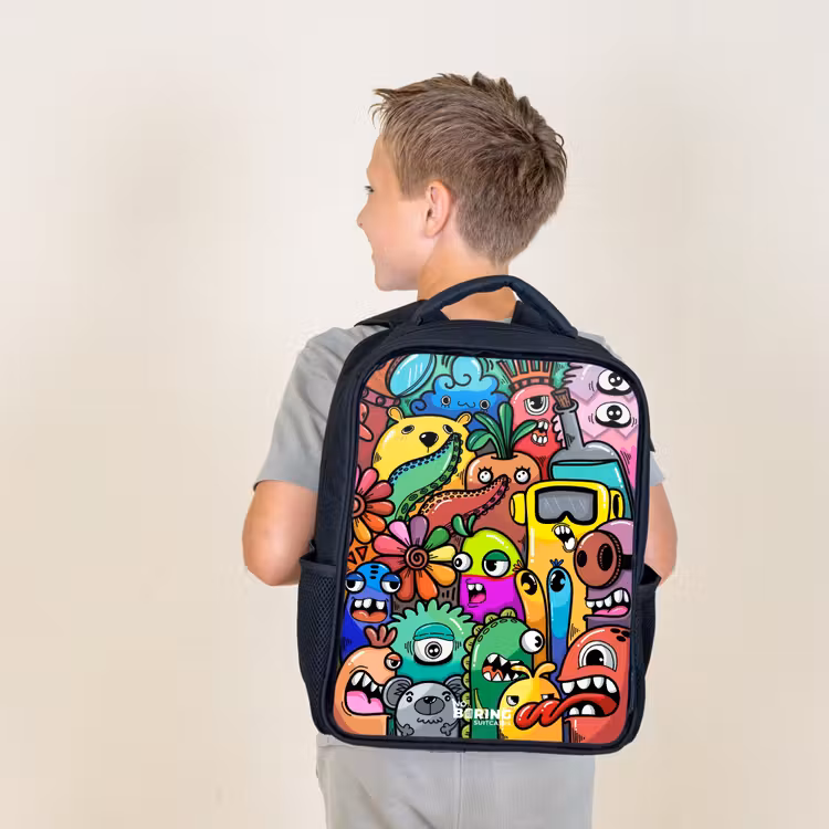 Sac à dos enfant - Noir - Motif expressif et chargé avec des monstres — 2