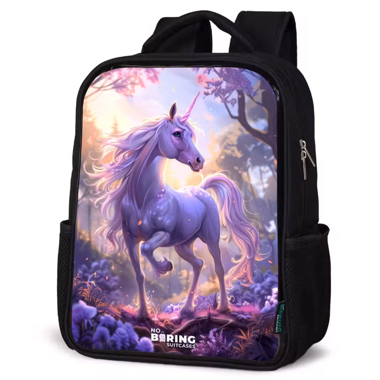 Sac à dos enfant - Noir - Portrait d'une licorne parmi des fleurs violettes — 6