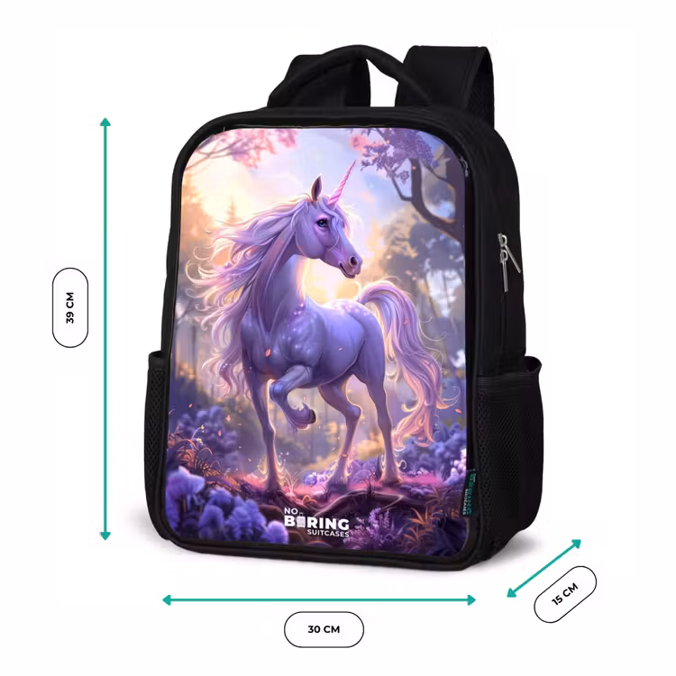 Sac à dos enfant - Noir - Portrait d'une licorne parmi des fleurs violettes — 8