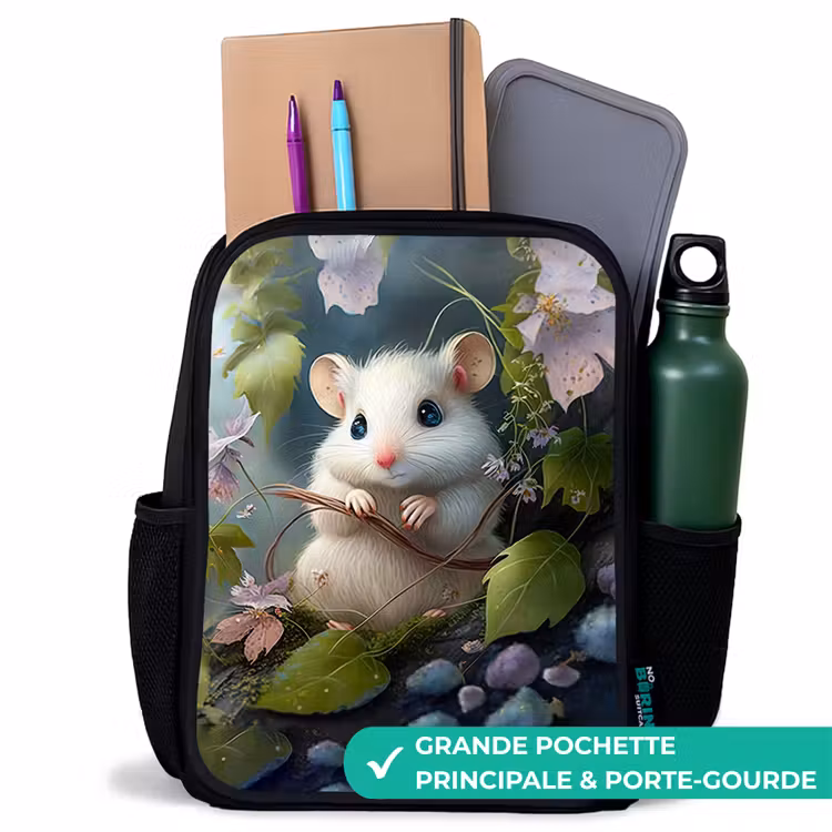 Sac à dos enfant - Noir - Souris entourée de feuilles — 10