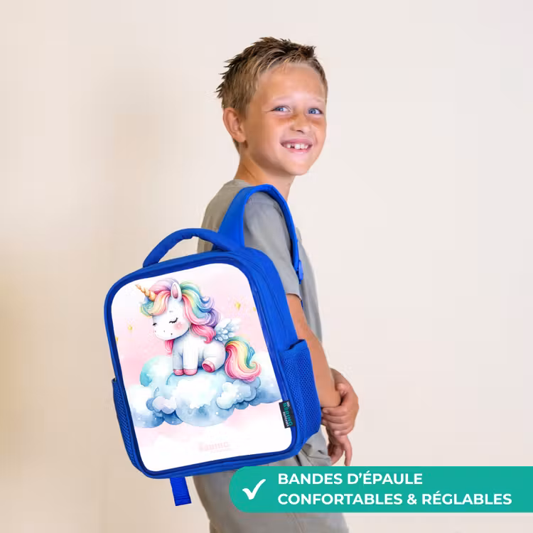 Sac à dos enfant - Bleu - Licorne à la crinière arc-en-ciel sur un nuage — 4