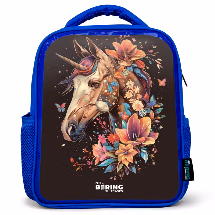 Sac à dos enfant - Bleu - Licorne et fleurs sur fond noir — 1