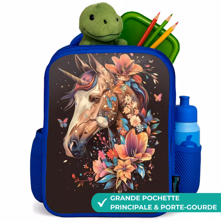 Sac à dos enfant - Bleu - Licorne et fleurs sur fond noir — 5