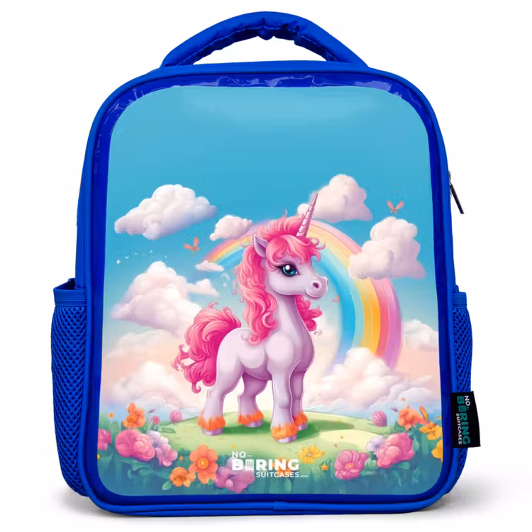 Sac à dos enfant - Bleu - Licorne joyeuse devant un arc-en-ciel — 1